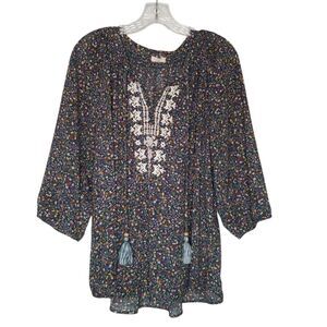 Mason & Belle Floral Boho Peasant Top Plus Size 1X Embroidered Tassel Tie